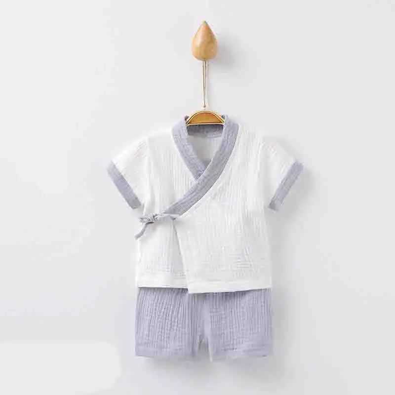 Childrens Hanbok short sleeved set kimono pajamas solid color breathable pajamas Gauze Chinese style childrens retro pajamas LC707W240716