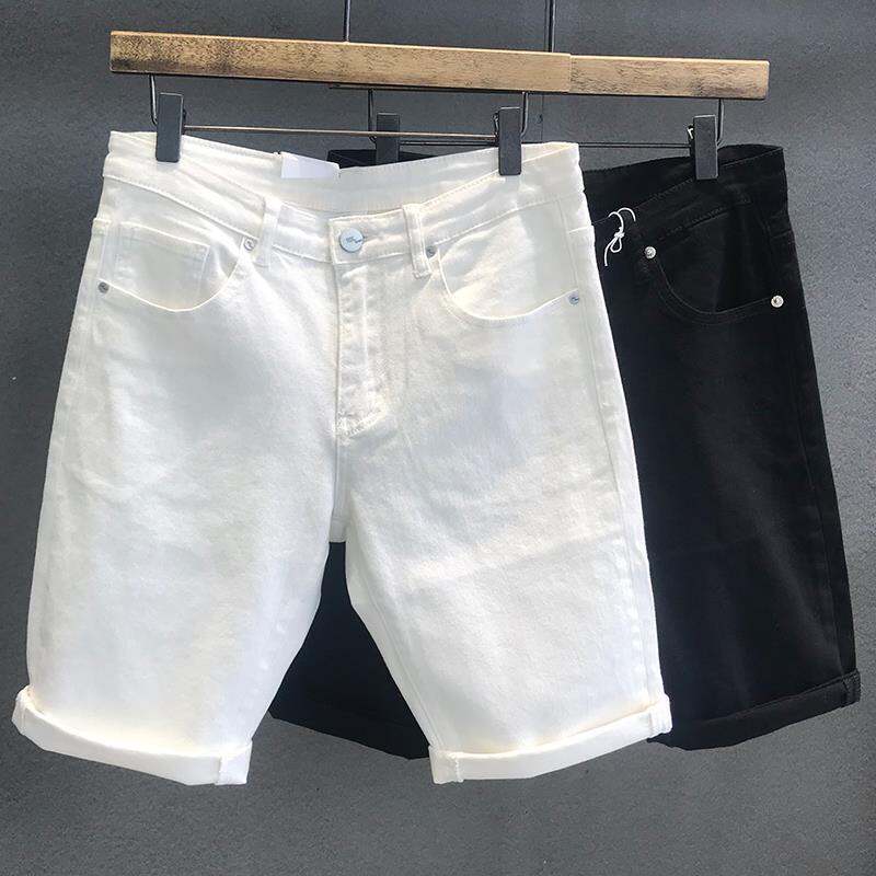 Summer Men's Trendy K-style Classy Casual All-Matching Denim Shorts Silm Stretch Capri Pants White
