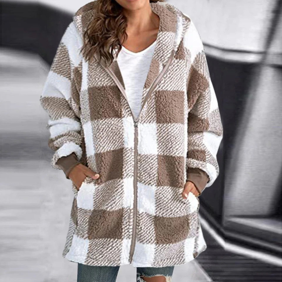 Winter Long Sleeve Grid Hooded Loose Womens Jacket Plus Size Women Clothing Large Size Keep Warm Female Outerwear Coat 240711