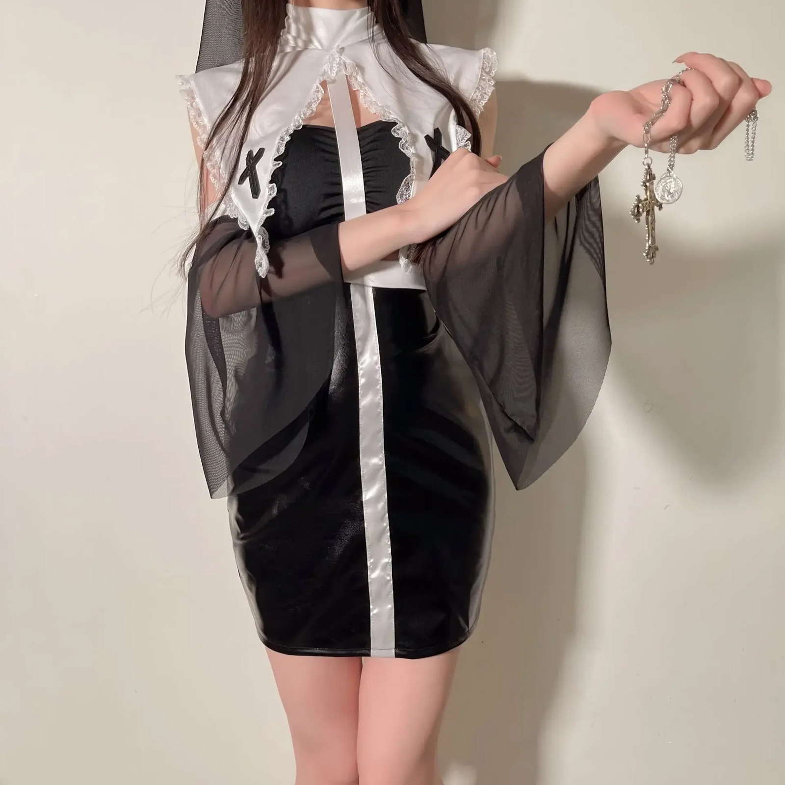 Halloween Anime Nun Cosplay Women Sexy Lingerie Dress Costumes Role Play Outfit Adult Sisters Black Fancy Dress 240717