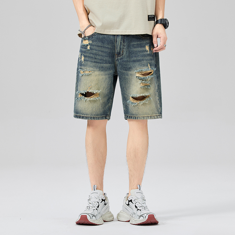 Summer fashion brand loose mid length five quarter pants, high-quality shorts, ripped jeans, men's