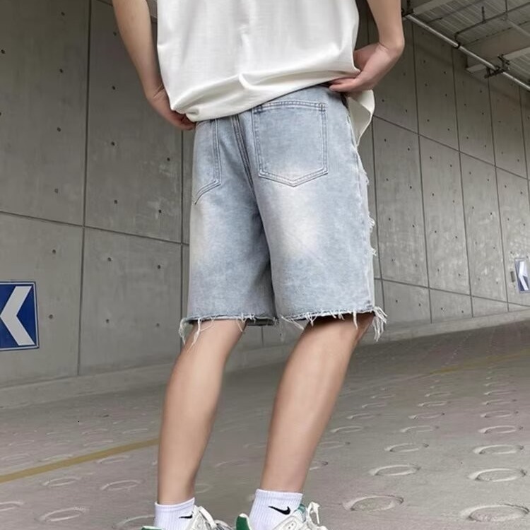 Denim shorts, men's summer thin style with distressed edges, design sense of niche high street trendy brand Instagram new five part pants
