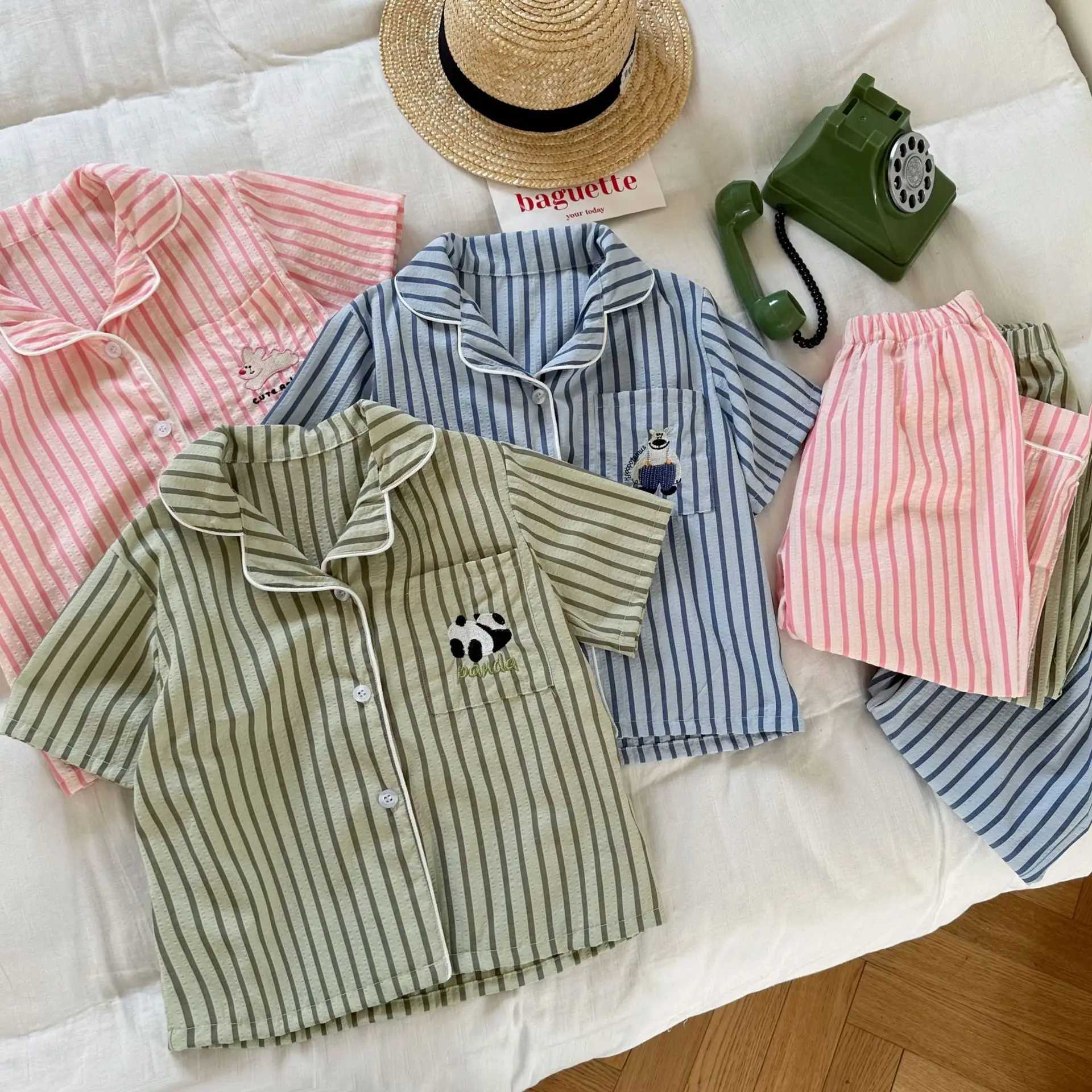 Childrens summer clothing set Korean boys and girls fashion striped cotton pajamas childrens simple soft breathable home clothesW240716