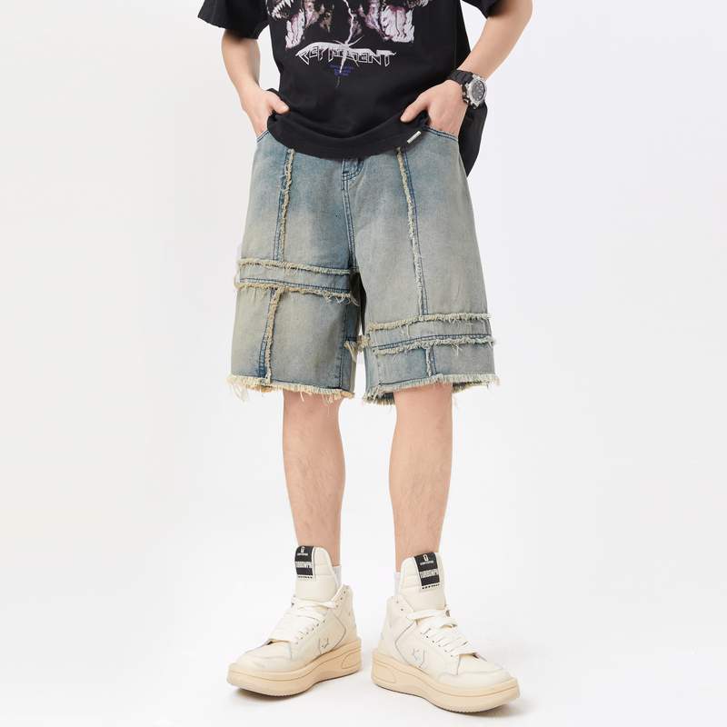 American style denim shorts, men's summer fashion label, casual fur edge design, five point pants