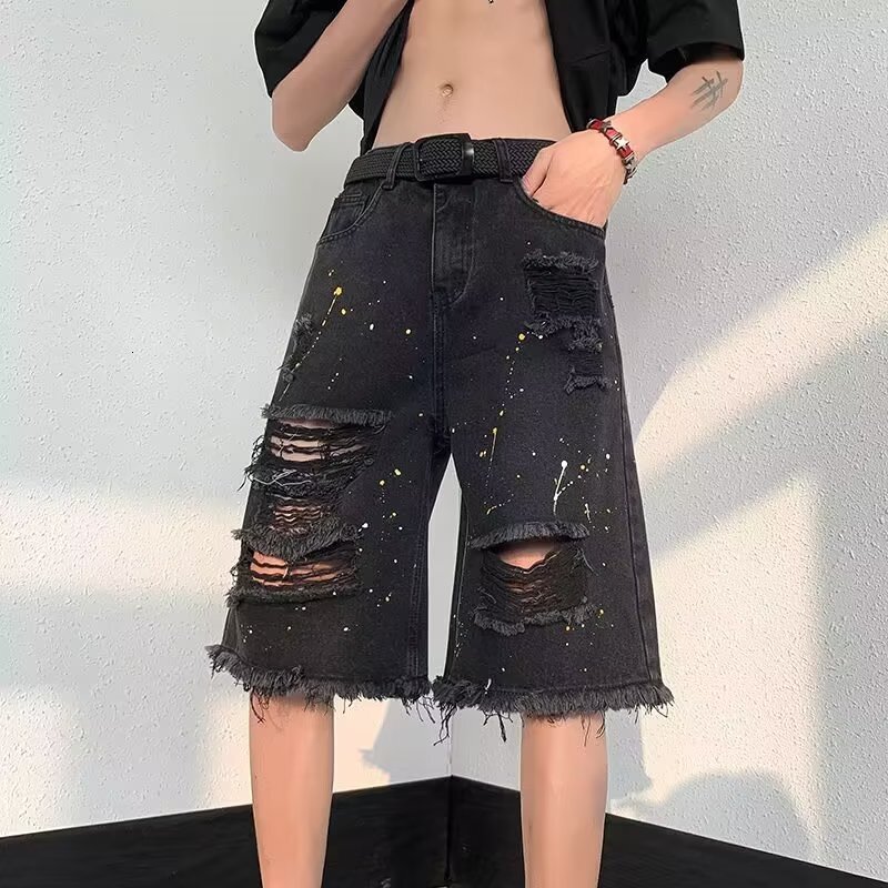 Ripped denim shorts men in summer, thin design for beggars, five point pants, trendy brand American high street yellow mud colored horse pants