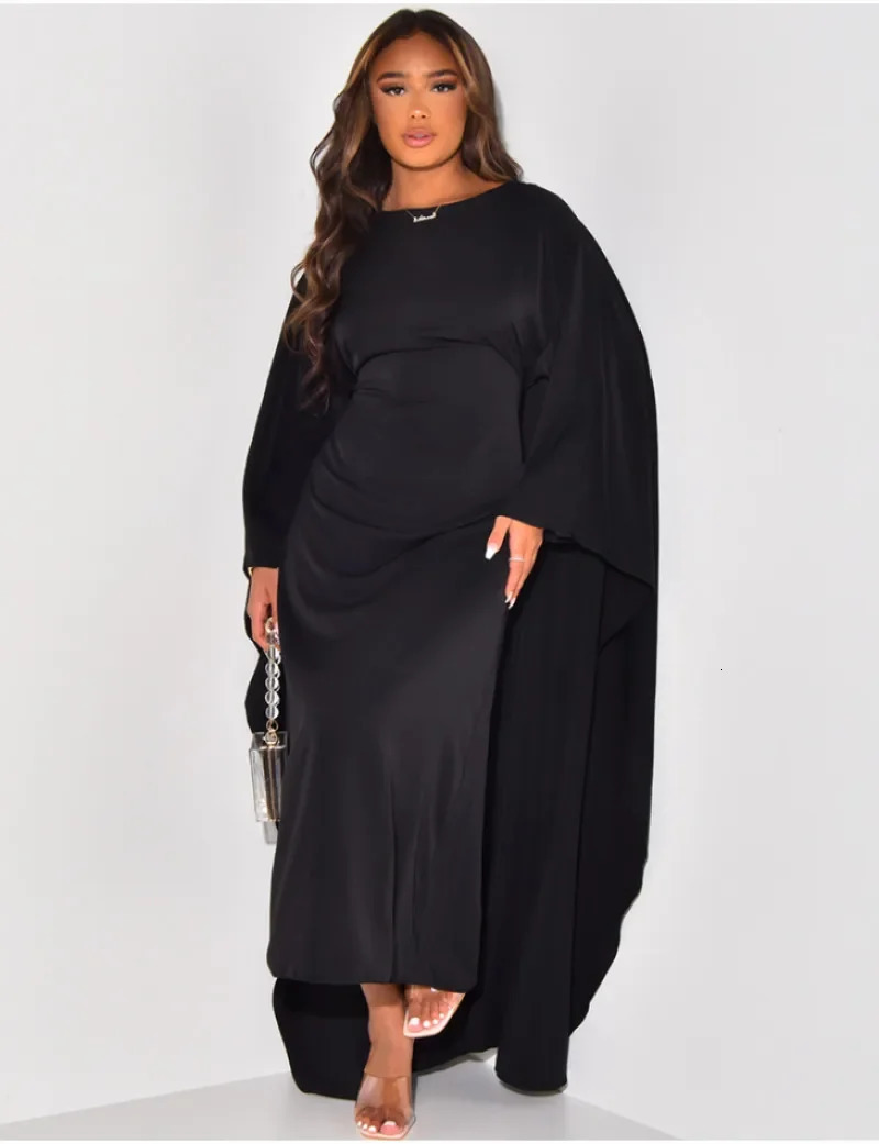 Autumn Fashion Satin Party Dress Robe Abaya Muslim Women Elegant Solid Round Neck Bat Sleeves Loose Maxi Dress Women 240715