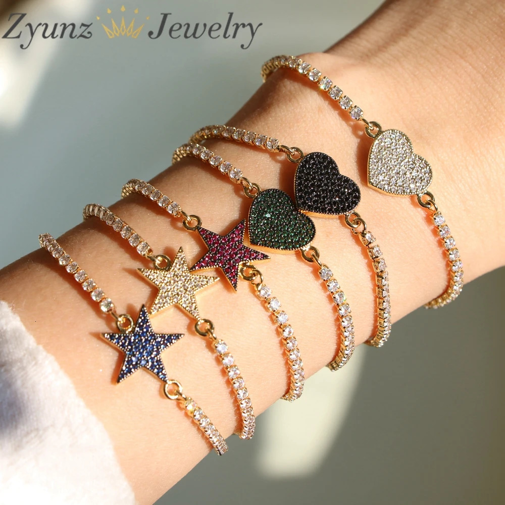 10PCS Fashion Heart Jewelry For Women Girl 3mm CZ Tennis Chain Star Charm Colorful Zircon Bracelet Valentines Day Gift 240719
