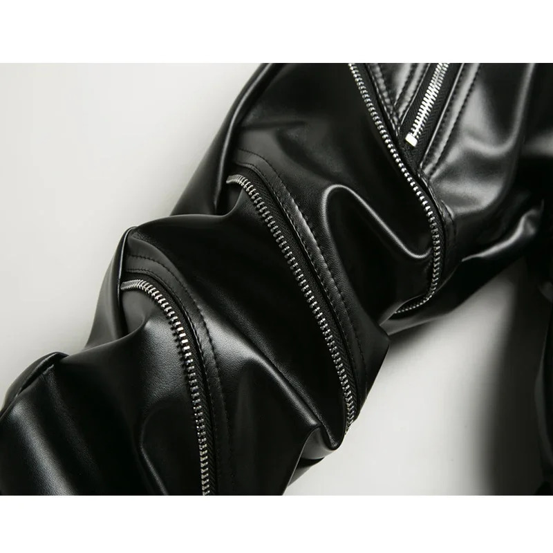 Winter Men Skinny Biker Pu Leather Pants High Street Fashion Motorcycle Trousers For Male Stage Club Wear 240717