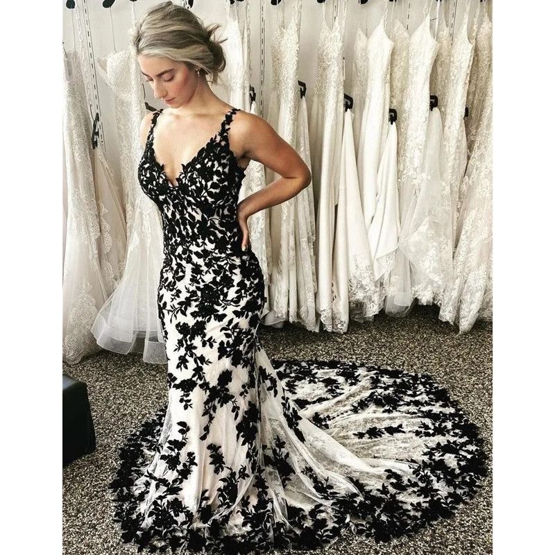 Black White Mermaid Country Wedding Dresses Full Lace Applique Gothic Backless Garden Outdoor Bridal Gown vestido robes Custom made