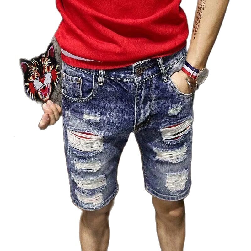 SEV414 Summer light-colored denim shorts men's brand loose straight outerwear Korean style fashion ripped middle cropped pants