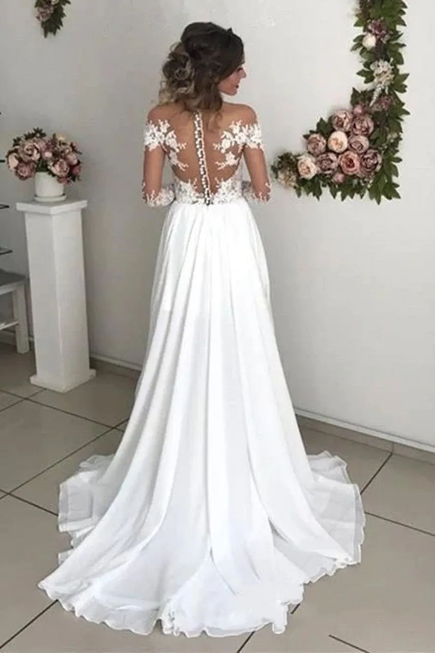 Glamorous Summer Lace Chiffon Bohemian Wedding Dresses Sheer Long Sleeve Bridal Gowns Appliques Jewel Neck Illusion Back With Buttons BC0012 Custom Ma