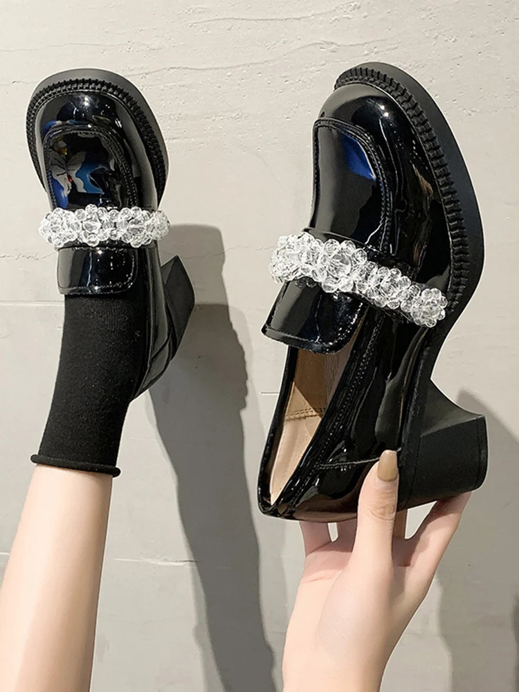 British Style Slip On Shoes For Women White Sneakers Clogs Platform Loafers With Fur Square Toe Oxfords Female Footwear Preppy S 240708