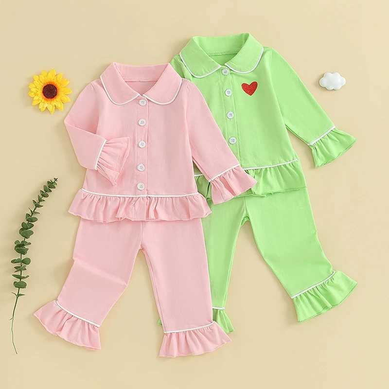 1-11 Year Baby Girls Pajama Set with Collar Ruffle Bottom Button Red Top Childrens Christmas Pajama SetW240716