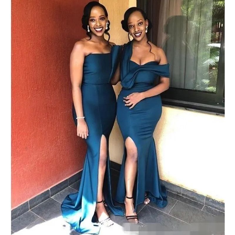 Navy Blue Mermaid Bridesmaid Dresses 2024 Side Slit One Shoulder Straps Floor Length Custom Made Maid of Honor Gown Wedding Guest Party Wear Custom ma