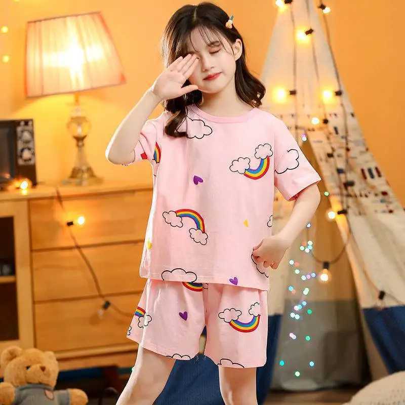 2024 Summer New Childrens Pajama Set Baby Girls Boys Cartoon Short sleeved T-shirt and Short sleeved Youth Pajama 4 6 8 10 16 Years OldW240716