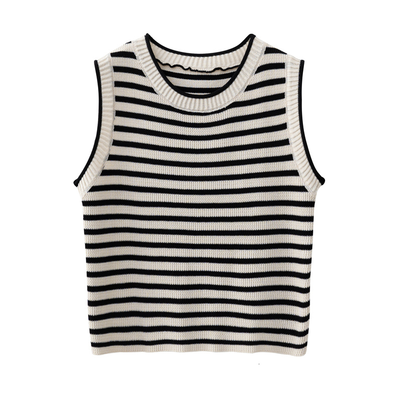 Striped suspender vest for women's summer outerwear, round neck, slim fit, and short sleeveless ice silk knit top