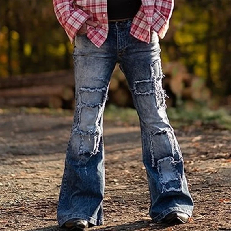 Vintage Patch Stretch American Style Flared Jeans Mens Streetwear Button Splicing Pocket Male Youth Daily Casual Denim Pants 23 240719