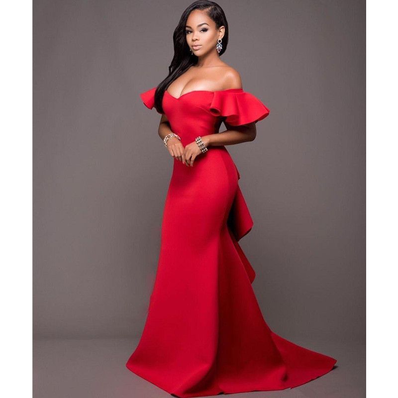 Gorgeous Red Long Bridesmaids Dresses Off the Shoulder Ruffles Backless Maid of Honor Floor Length Satin Plus Size Mermaid Evening Gowns Custom made