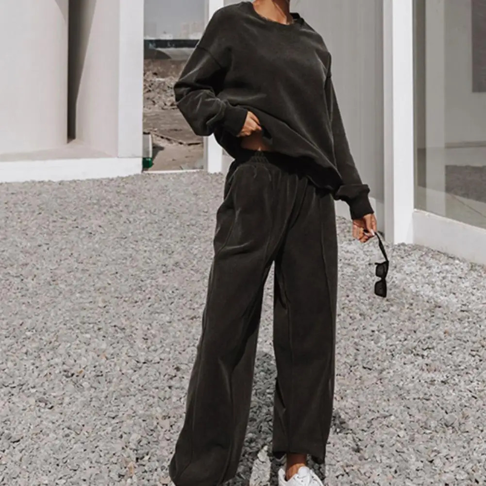 Womens Solid Color Oneck Pants Elastic Waist Sportswear Winter Two Piece Set 240718