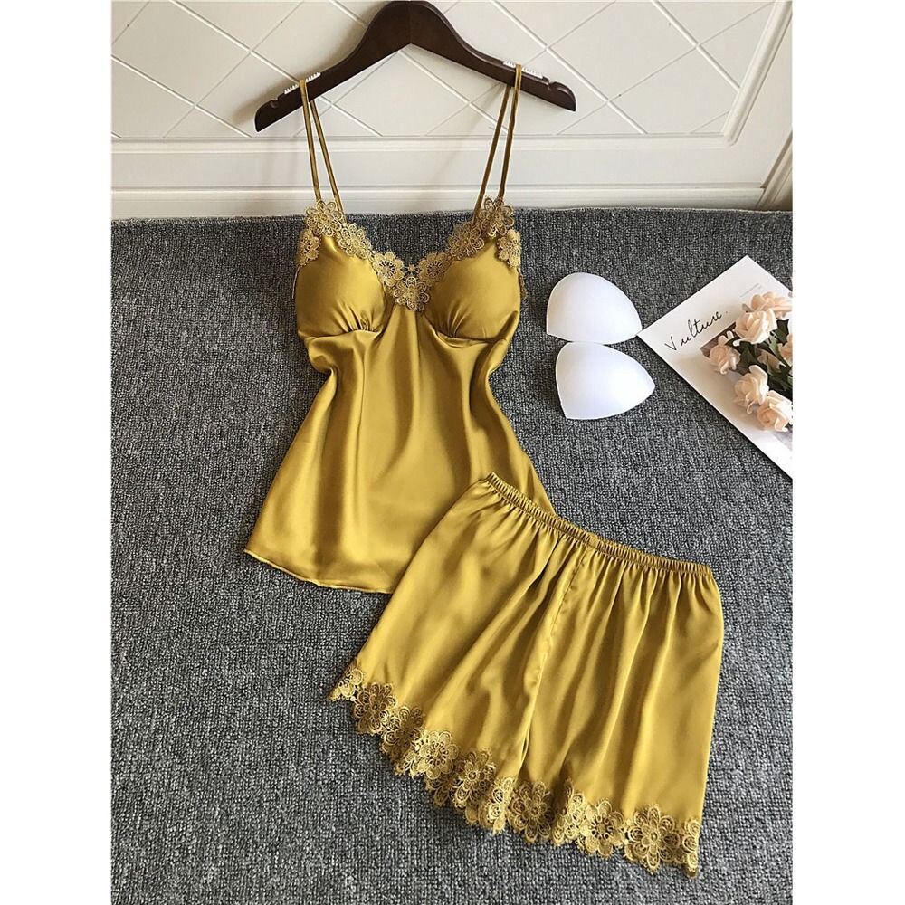 Sexy V-neck women pamas summer ice silk with chest pad nightdress shorts two-piece set thin sleepwear
