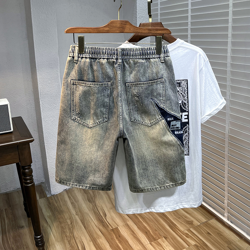 American denim for men, washed and distressed, yellow mud dyed, versatile, trendy, high street, loose straight leg shorts