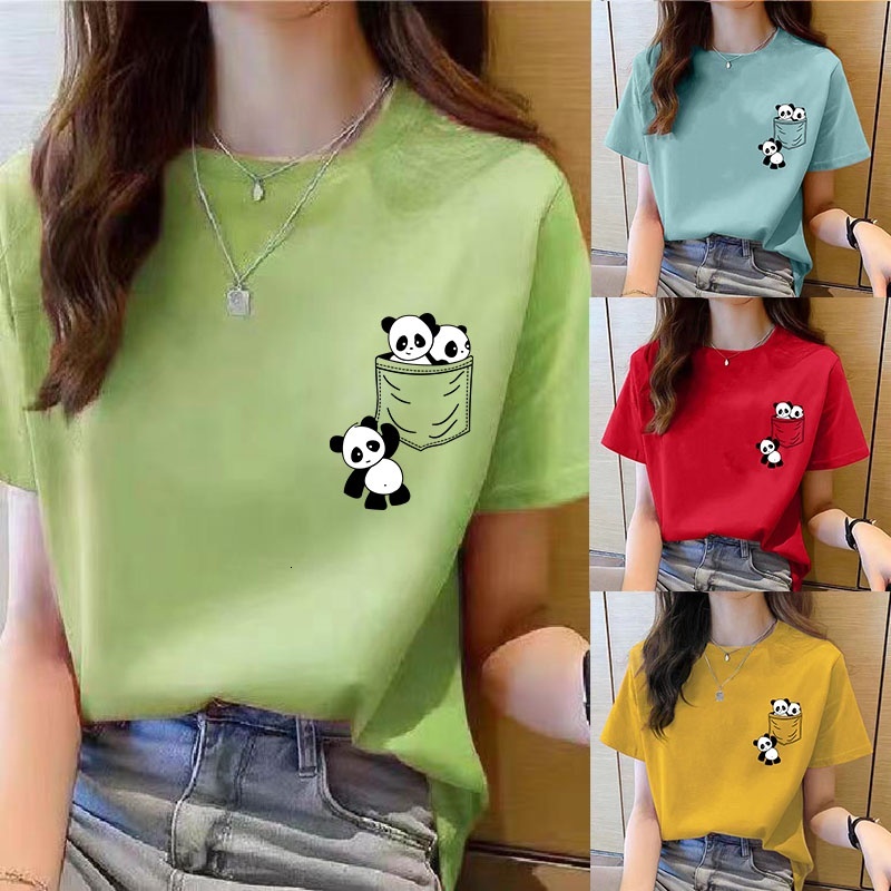 Year's clothing, women's tops, new Women's Short Sleeve Top Summer New pocket panda Cartoon Printed T-shirt Korean fashion tops Loose r