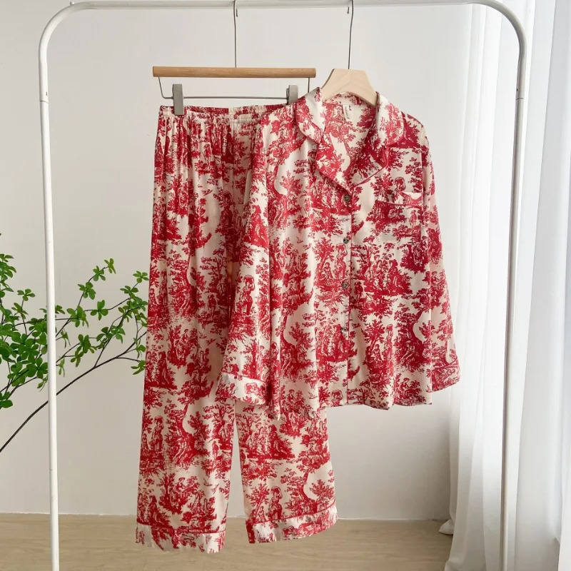 Korean Spring/Summer Internet Red Ink Print Ice and Snow Silk Pajamas for Women INS Minimalist Small Lapel Long sleeved Home 240716