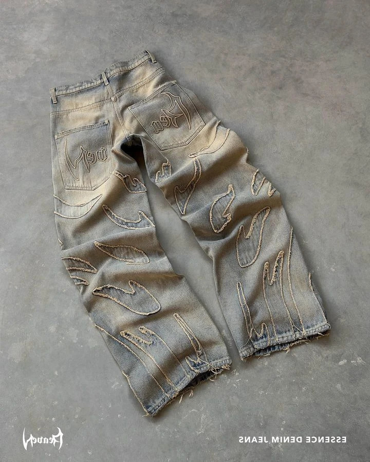 Streetwear Jeans Y2K Pants Punk Rock Hip Hop Embroidered Retro Baggy Mens High Waisted Wide Leg Trousers Clothes 240719