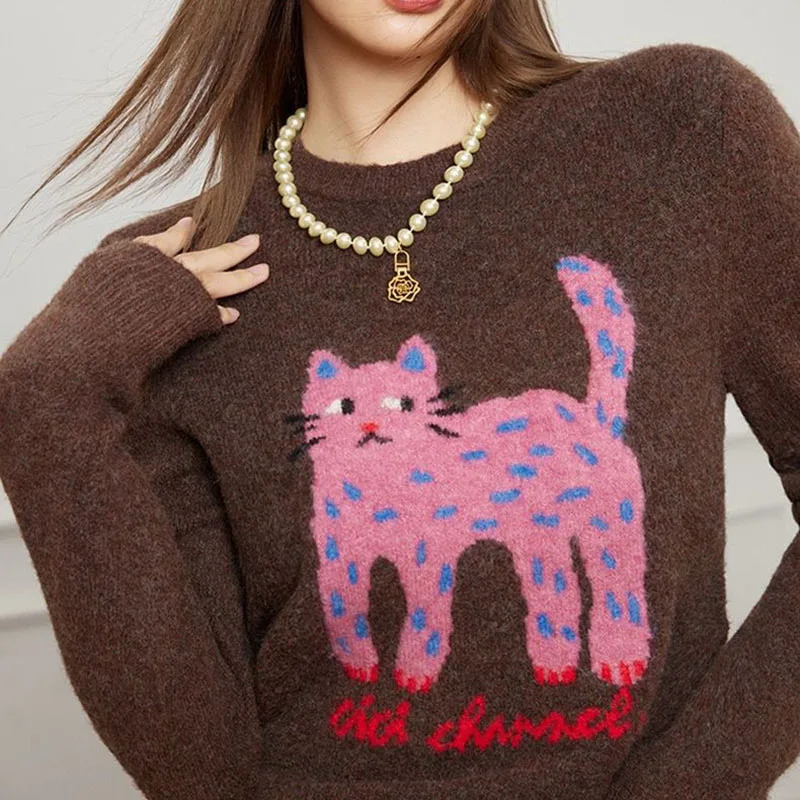 Cartoon Cat Women Sweater Pullovers Loose O Neck Knitwear Jumper Long Sleeve Soft Spring Korean reviews clothes 240716