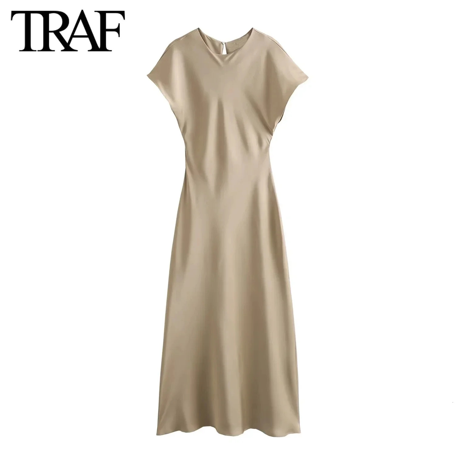 TRAF Women Fashion Summer Solid Color Sleeveless O-neck Satin Long Dress France Chic Female Evening Mujer Vestidos De Fiesta 240715
