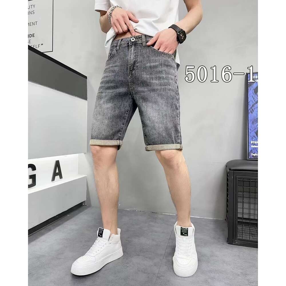Grey black comfortable denim thin men's summer jeans shorts elastic loose straight leg five quarter pants