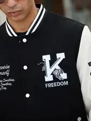Mens Casual Letter Print Color Block Jacket Chic Button Up Baseball Collar Varsity 240712