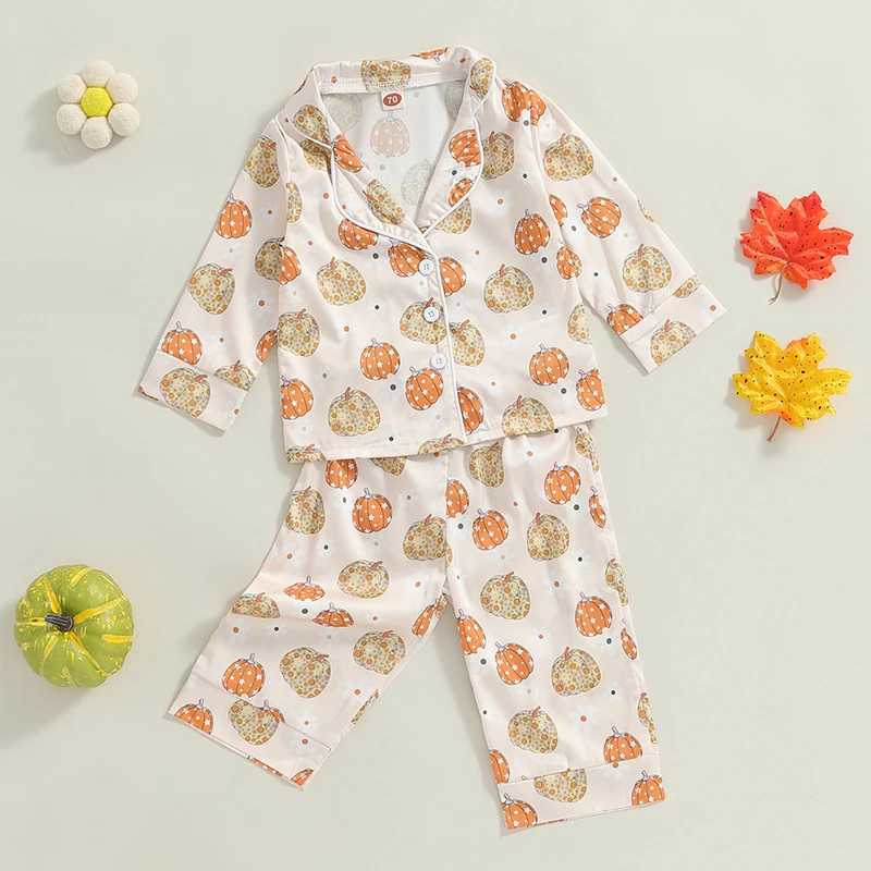 Halloween pajama set for children and girls pumpkin print long sleeved top elastic waist pants autumn satin 2-piece pajamasW240716