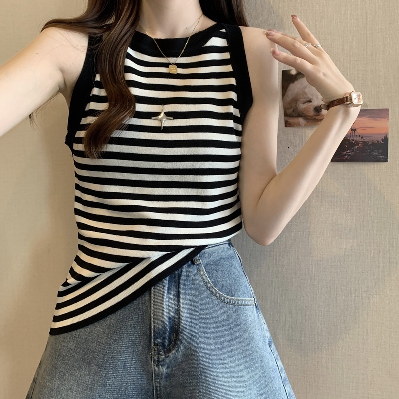 Large striped knitted camisole small vest women 2024 new style for outerwear and undershirt base, sleeveless top