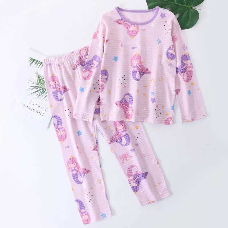 2-16 year old childrens sleepwear 100% pure cotton spring summer girls mermaid pink purple thin sleepwear set sleepwearW240716