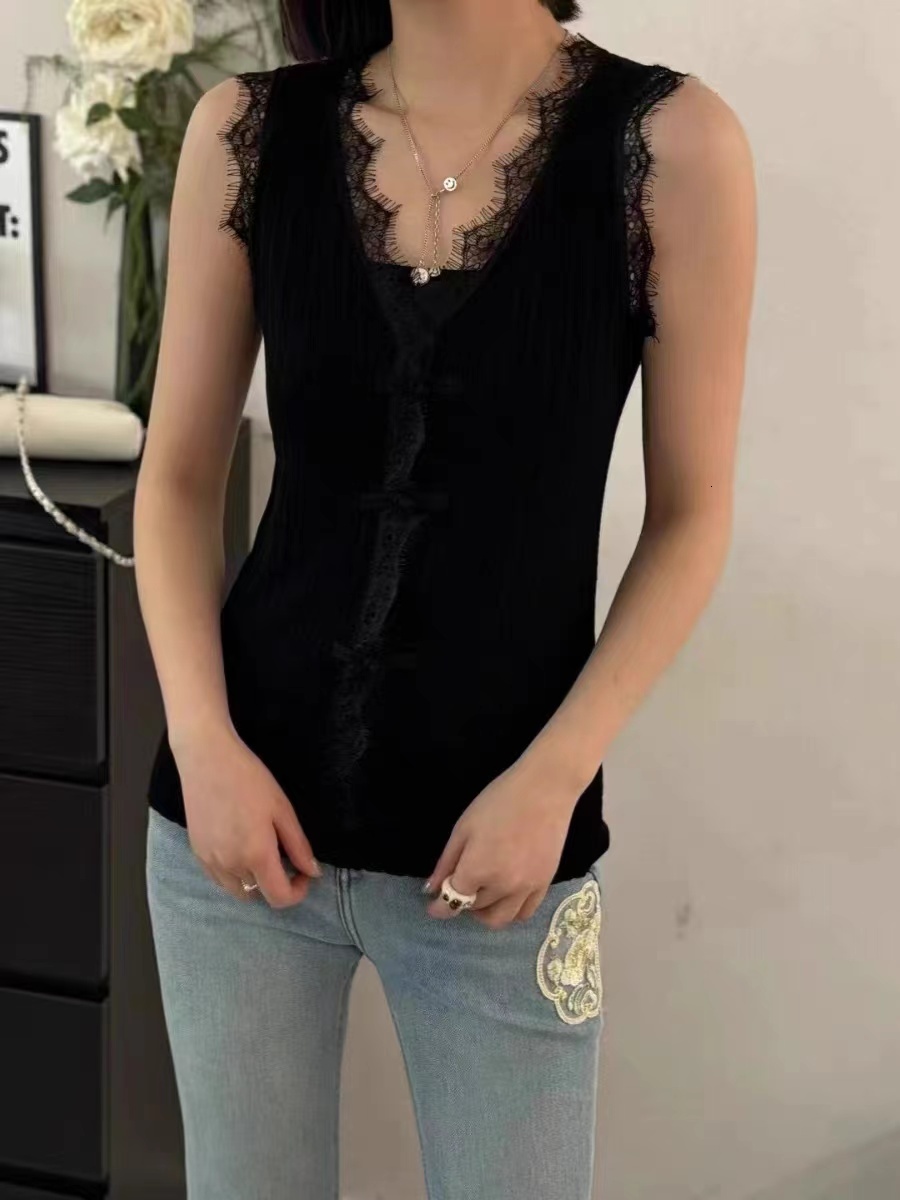 Strap vest sleeveless top trendy lace for women, sexy black, Chinese style button knit