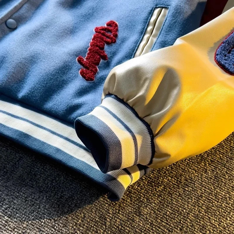 Spring Autumn Jacket Color Block American Embroidery Leather Sleeve Coat Men Trendy Baseball Clothes Casual Student Crop Top 240712