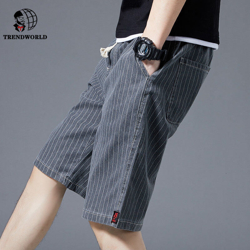 Summer Denim Shorts Men's Loose Outwear Cropped Fashion Brand Stripe Lace Large Casual Pants