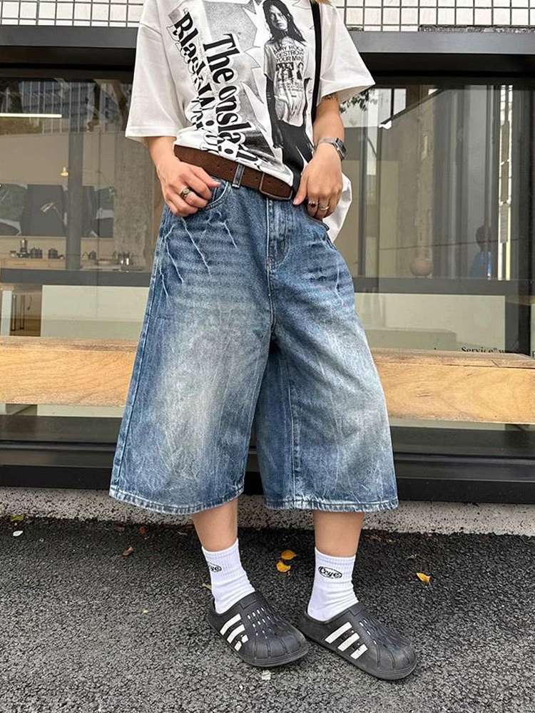New American washed lightning pattern loose cropped denim shorts men and women, straight leg summer pants for the streets