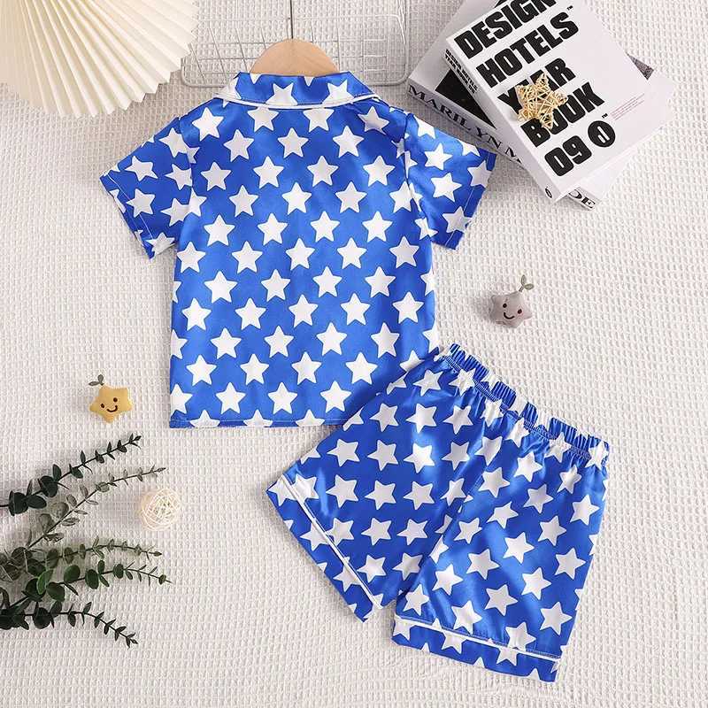 Childrens Pajama Set with Star Print Top and Bottom 2 Pieces Boys Pajamas Childrens Collar Home ClothingW240716