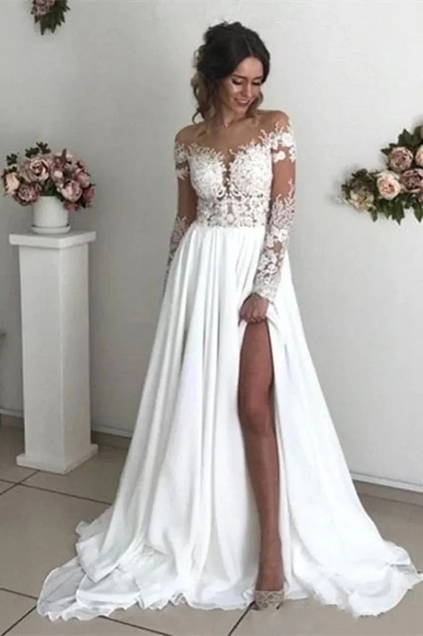 Glamorous Summer Lace Chiffon Bohemian Wedding Dresses Sheer Long Sleeve Bridal Gowns Appliques Jewel Neck Illusion Back With Buttons BC0012 Custom Ma