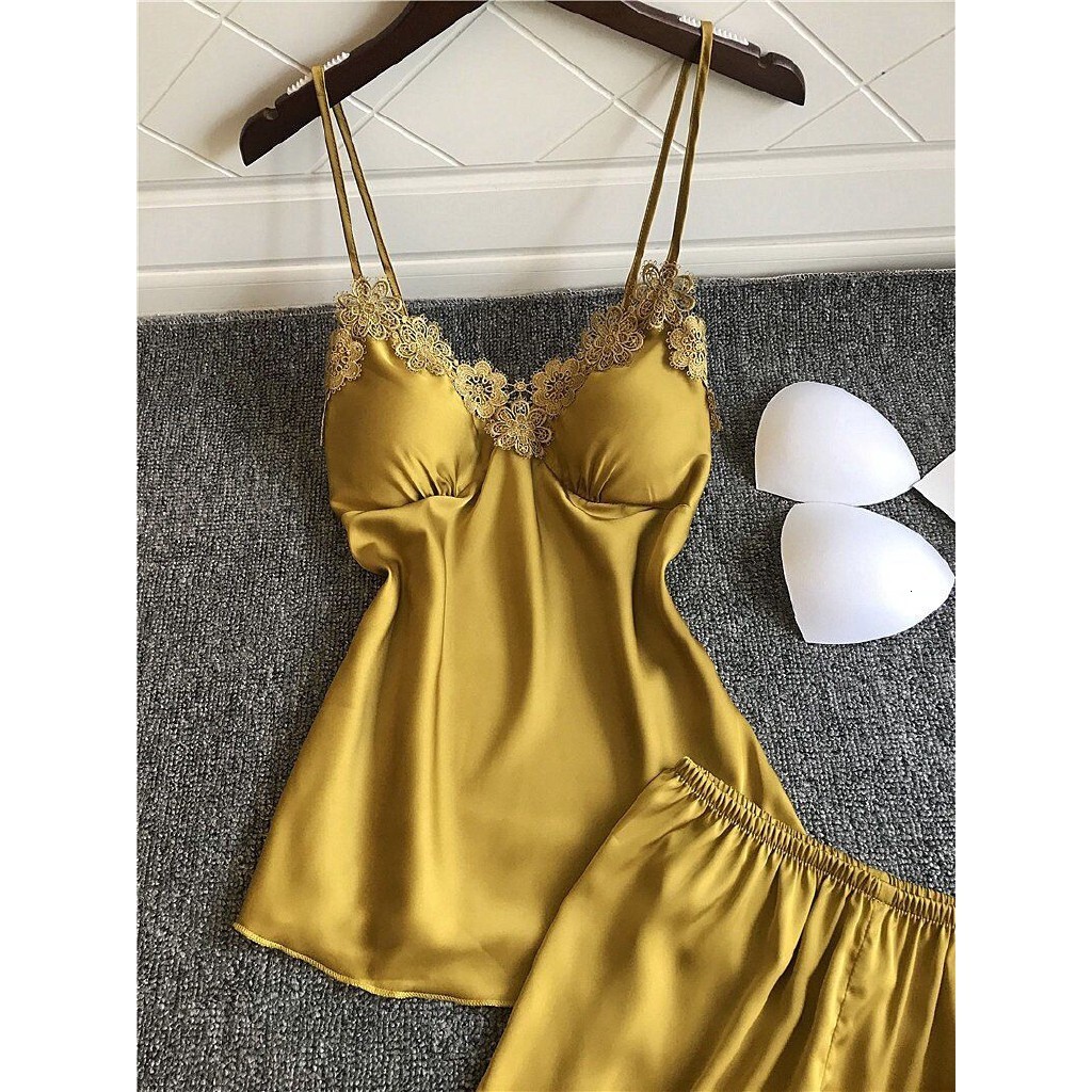 Sexy V-neck women pamas summer ice silk with chest pad nightdress shorts two-piece set thin sleepwear