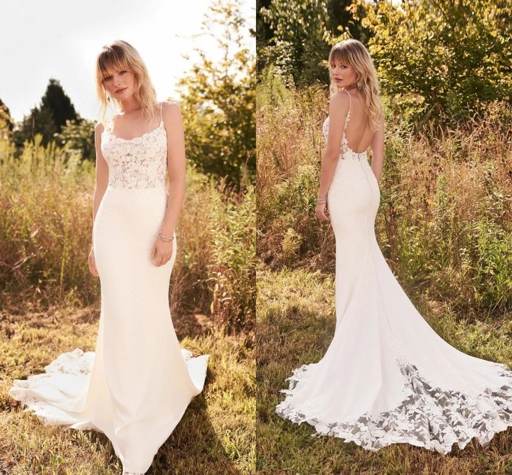Western Country Boho Wedding Dresses Sexy Backless Spaghetti Straps Lace Mermaid Bridal Gowns Elegant Ivory Satin Bride Reception Party Robes de Marie