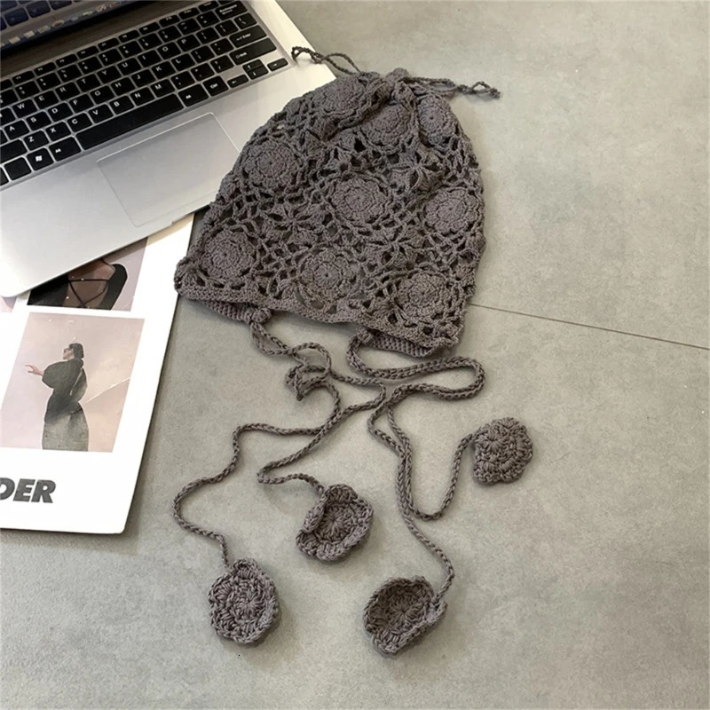 Fashion Beanie Hat for Women Girl Crochets Flower Knitted Hat Ethnic Style Cap Girl Bonnet Y2K Sweet Hat Adult Headdress 240712