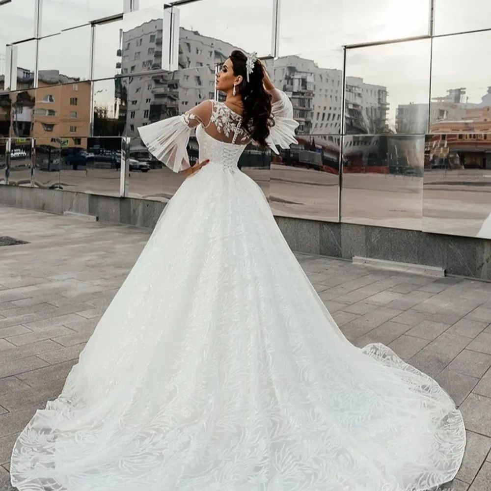 Scoop Neck A Line Wedding Dresses With Juliet Half Sleeves Lace Appliques Bridal Gowns Lace-up Back Tulle Second Recption Dress Custom made