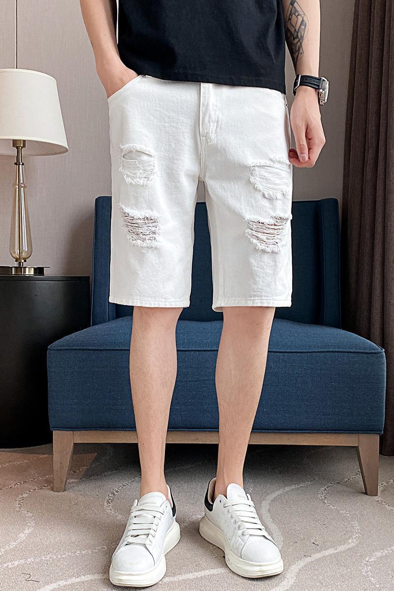 Trendy brand ripped shorts men's Korean washed mid length summer thin white denim five quarter pants