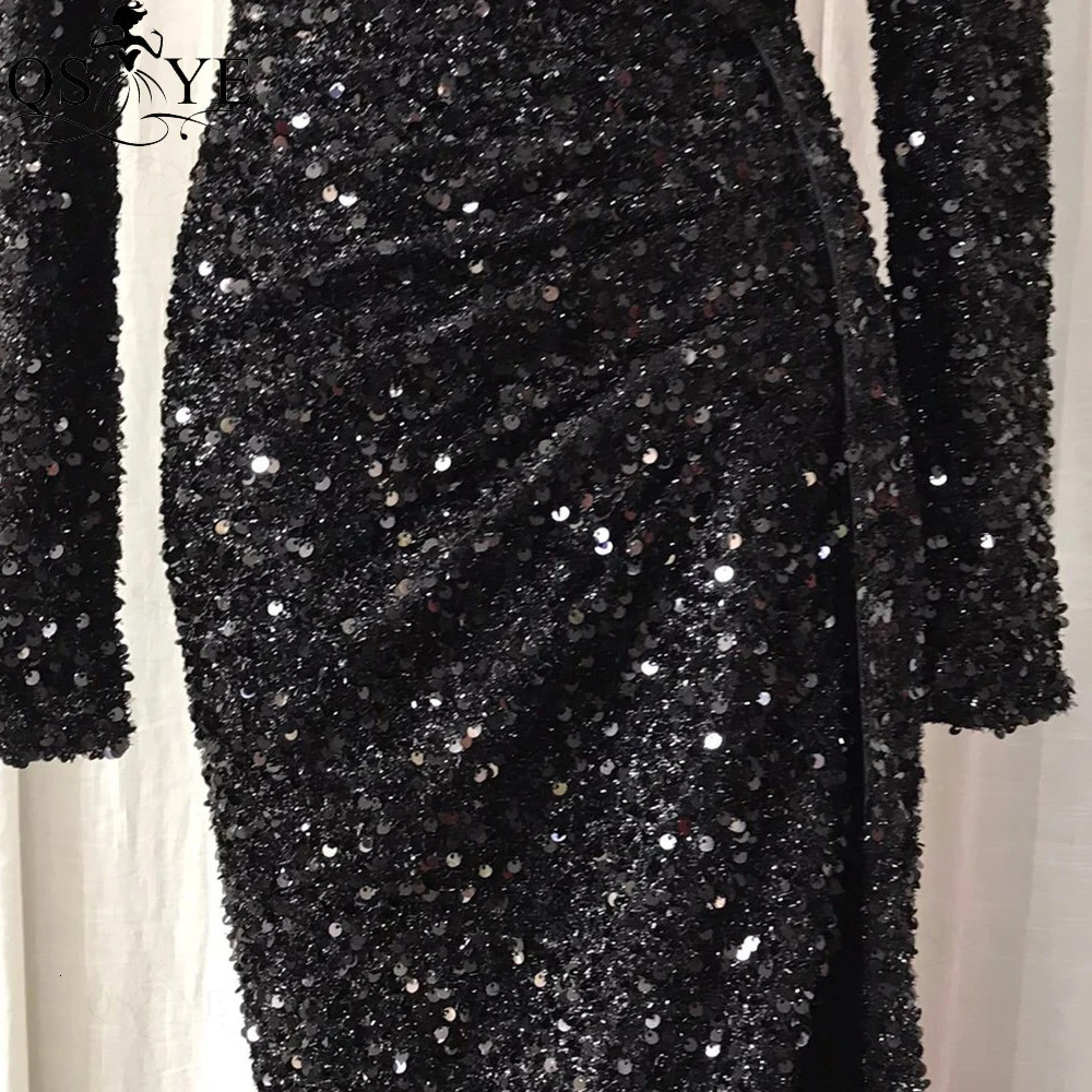 Sequin Black Evening Dresses Long Sleeves Mermaid Prom Gown ChicSexy Split Sparkle Party Dress Ruched Decent Formal Gown Glitter 240709