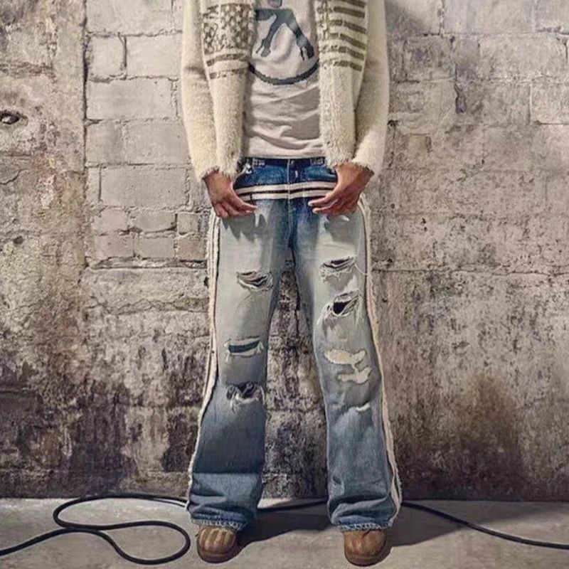 High street white striped washed hole bagged jeans suitable for both men and women Distressed Danim Trouser Oversized 240718