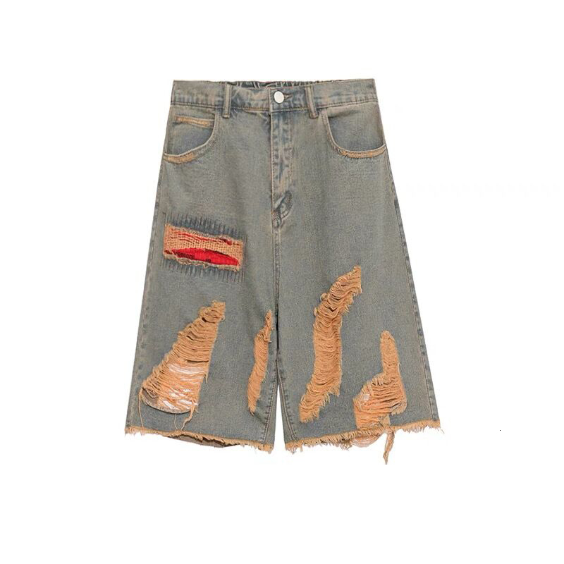 ~Trendy dressing with patch fabric, holes, casual loose denim shorts, men's and women's cropped pants