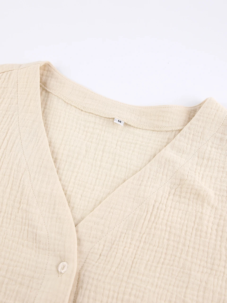 Linad Khaki Pure Cotton Sleepwear V Neck Single Breasted Wide Leg Pants Trouser Suits Drop Sleeves Set Woman 2 Pieces Loungewear 240712